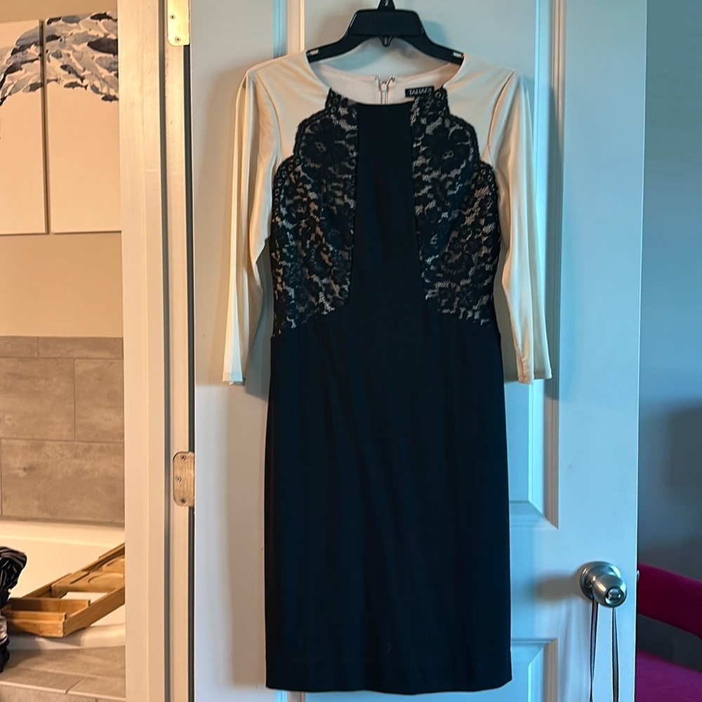 Worn once! Black lace and blush sheath dress